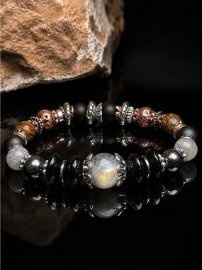 Artisan Labradorite Hematite & Onyx Bracelet - Boho Jewelry | Stretch Bracelet